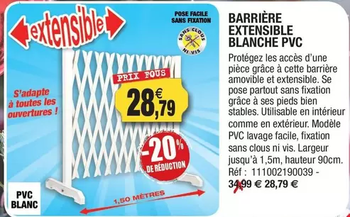 Barrière Extensible Blanche Pvc offre à 28,79€ sur Outiror