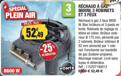 Réchaud À Gaz 8600w, 3 Robinets Et 3 Feux offre à 52,49€ sur Outiror