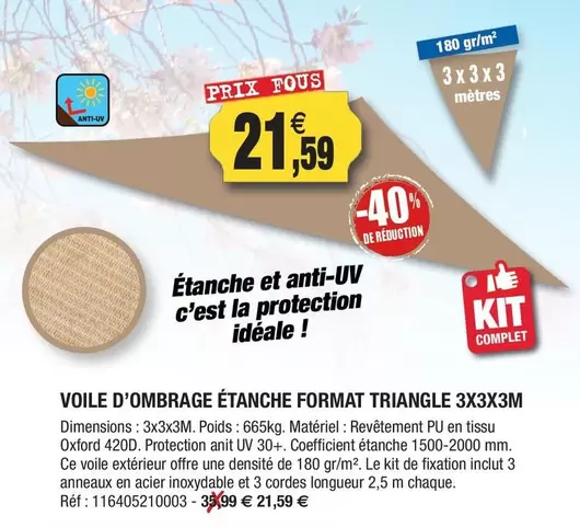 Complet - Voile D'Ombrage Étanche Format Triangle 3x3M offre à 21,59€ sur Outiror