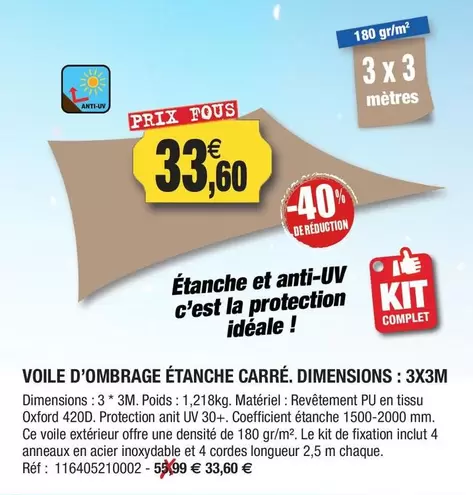 Complet - Voile D'Ombrage Étanche Carré. Dimensions: 3x3M offre à 33,6€ sur Outiror