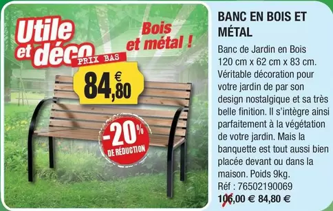 Banc En Bois Et Métal offre à 84,8€ sur Outiror