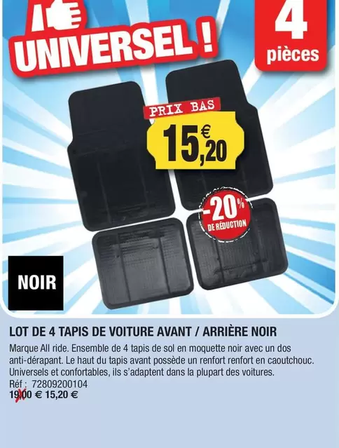 Lot De 4 Tapis De Voiture Avant / Arrière Noir offre à 15,2€ sur Outiror