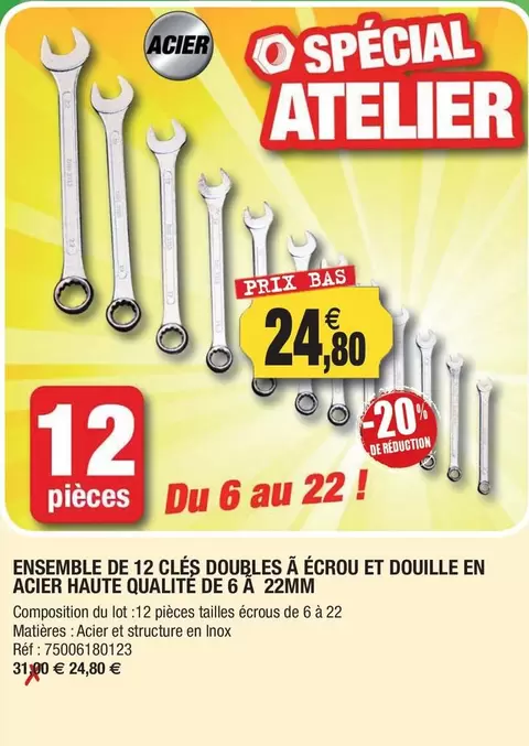 Ensemble De 12 Clés Doubles À Écrou Et Douille En Acier Haute Qualité De 6 À 22mm offre à 24,8€ sur Outiror