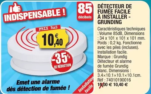 Grundig - Detecteur De Fumee Facile A Installer offre à 10,4€ sur Outiror