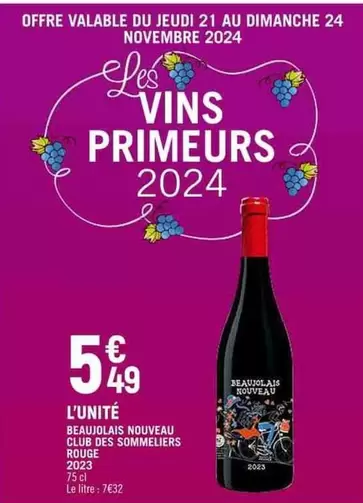 Club Des Sommeliers - Beaujolais Nouveau Club Des Sommelers Rouge offre à 5,49€ sur Casino Shop