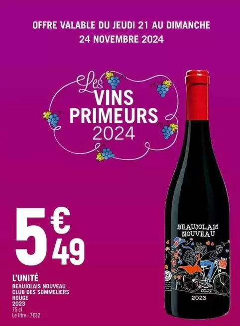 Club Des Sommeliers - Beaujolais Nouveau Rouge offre à 5,49€ sur Casino Shop