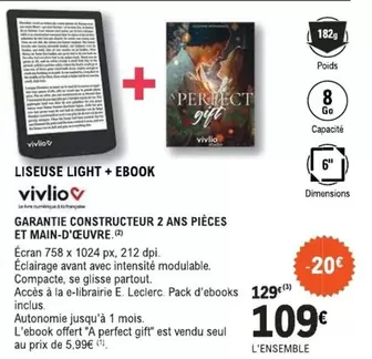 Vivlio - Liseuse Light + Ebook offre à 109€ sur E.Leclerc Espace Culturel