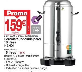 Promo - Percolateur Double Paroi 10 Litres offre à 159€ sur Promocash