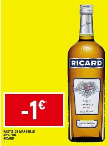 Ricard - Pastis De Marseille 45% Vol. offre à 1€ sur Vival