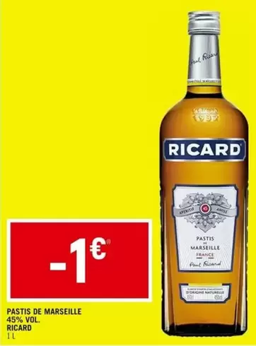 Ricard - Pastis De Marseille 45% Vol. offre à 1€ sur Petit Casino