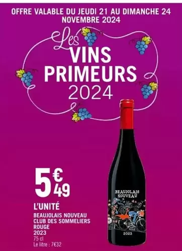 Club Des Sommeliers - Beaujolais Nouveau Club Des Sommeleris Rouge offre à 5,49€ sur Petit Casino