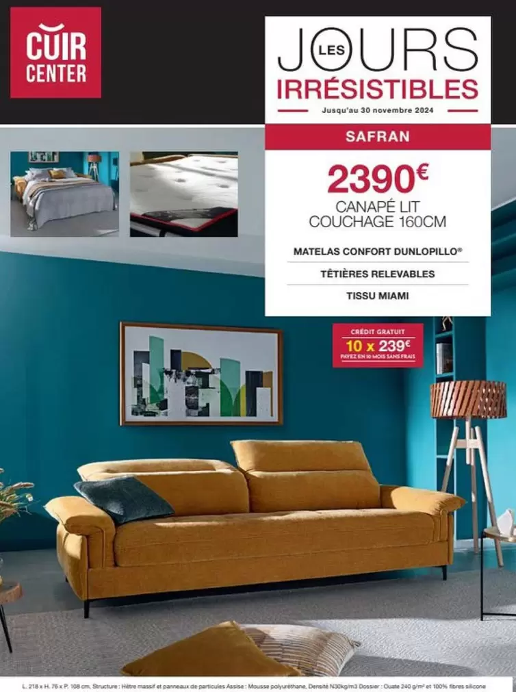 Canape Lit Couchage 160cm offre à 2390€ sur Cuir Center