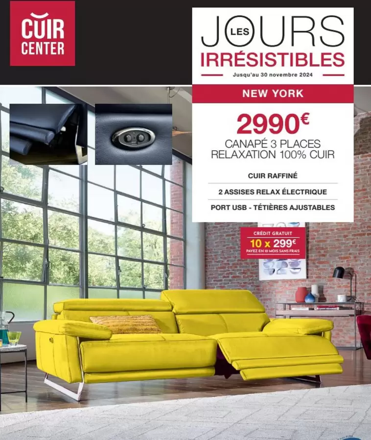 Canape 3 Places Relaxation 100% Cuir offre à 2990€ sur Cuir Center