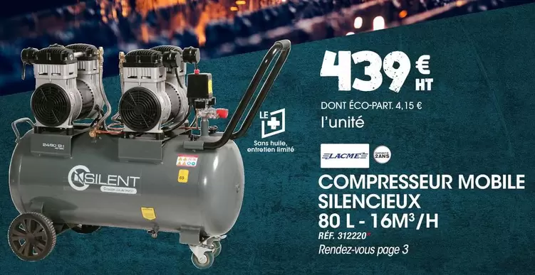 Compresseur Mobile Silencieux 80l-16w/h offre à 439€ sur Master Pro