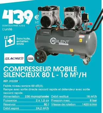 Compresseur Mobile Silencieux 80l-16 M3/h offre à 439€ sur Master Pro