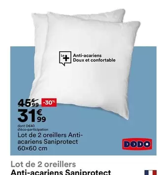 Lot de 2 Oreillers Anti-acariens Saniprotect - Confort optimal et protection contre les allergies