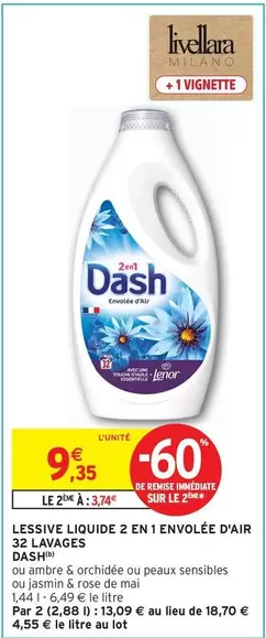 Dash - Lessive Liquide 2 En 1 Envolée d'Air - 32 Lavages, Efficacité et Fraîcheur