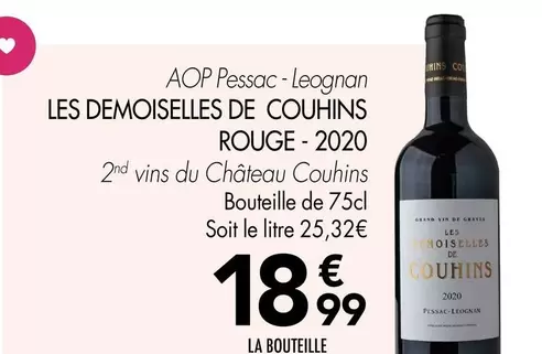 Château Couhins - Les Demoiselles De Couhins Rouge 2020 AOP Pessac Leognan offre à 18,99€ sur Leader Price