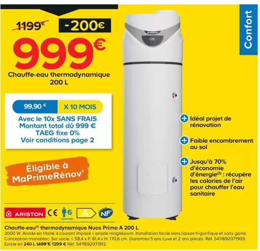 Ariston Nuos Prime A 200 L - Chauffe-eau Thermodynamique Efficace et Écologique