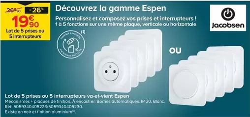 Jacobsen - Lot de 5 Prises ou Interrupteurs Va-et-Vient en Promo