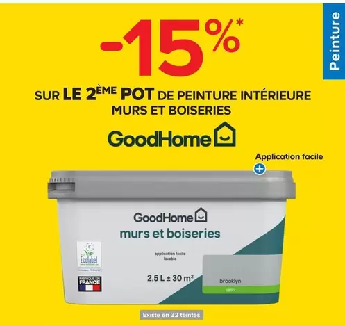 Goodhome - Promotion sur le 2ème pot de peinture intérieure pour murs et boiseries