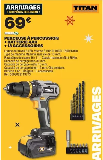 Perceuse A Percussion + Batterie 4ah + 13 Accessoires offre à 69€ sur Brico Dépôt