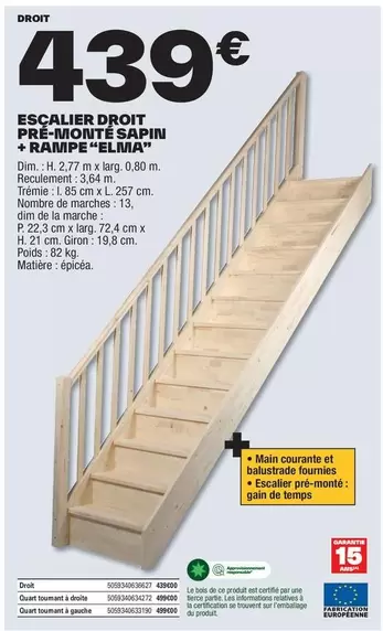 Dim - Escalier Droit Pré-unione Sapini + Radipe "elmià" offre à 439€ sur Brico Dépôt