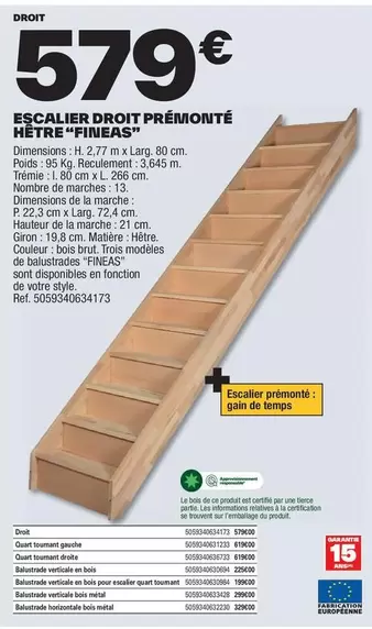 Brut - Escalier Droit Prémointe Hêtre offre à 579€ sur Brico Dépôt