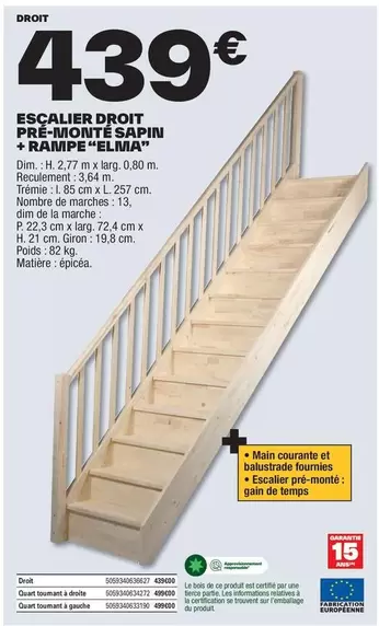 Dim - Escalier Droit Pré-unione Sapini + Ramipe "elmiia" offre à 439€ sur Brico Dépôt