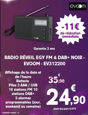 Radio Réveil Egy Fm & Dab+ Noir Evoom-EV312200 offre à 24,9€ sur E.Leclerc