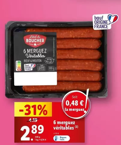 L'Étal Du Boucher - 6 Merguez Véritables offre à 2,89€ sur Lidl