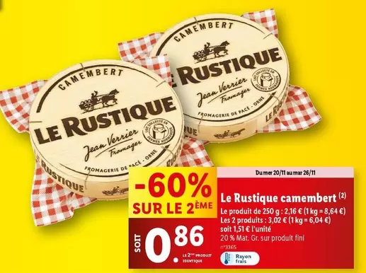 Le Rustique Camembert offre à 1,51€ sur Lidl