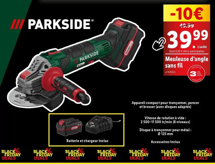 Parkside - Meuleuse D'Angle Sans Fil offre à 39,99€ sur Lidl