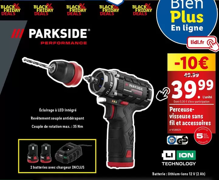 Parkside - Perceuse Visseuse Sans Fil Et Accessoires offre à 39,99€ sur Lidl