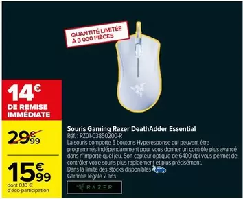 Razer - Souris Gaming Raster Desthadder Essential offre à 15,99€ sur Carrefour City