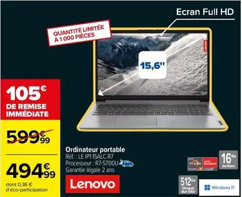 Lenovo - Ordinateur Portable offre à 494,99€ sur Carrefour City