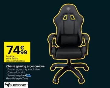 Subsonic - Chaise Gaming Ergonomique offre à 74,99€ sur Carrefour City