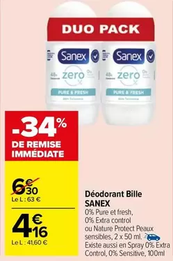 Sanex - Déodorant Bille offre à 4,16€ sur Carrefour Market