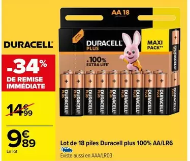 Duracell - Lot De 18 Piles Plus 100% Aa/lr6 offre à 9,89€ sur Carrefour Market