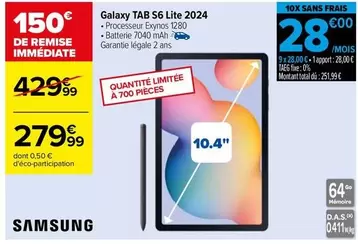 Total - Galaxy Tab S6 Lite 2024 offre à 279,99€ sur Carrefour