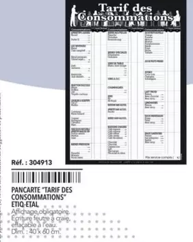 Dim - Pancarte "tarif DES CONSOMMATIONS" Etiquetal offre sur Metro