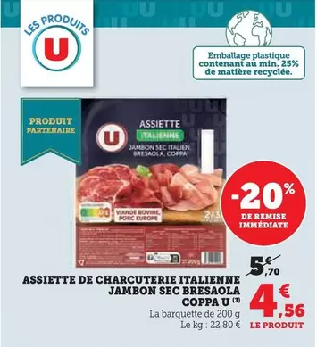 U - Assiette De Charcuterie Italienne Jambon Sec Bresaola Coppa offre à 4,56€ sur Super U