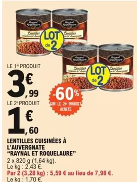 Lentilles Cuisinées À L'auvergnate offre à 3,99€ sur E.Leclerc