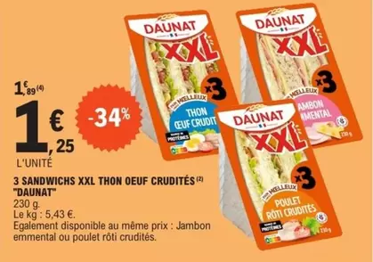 Daunat - 3 Sandwichs Xxl Thon Oeuf Crudites offre à 1,25€ sur E.Leclerc