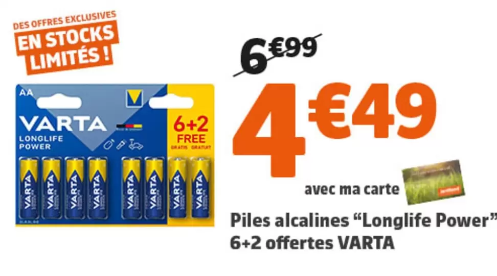 Varta - Piles Alcalines "longlife Power" 6+2 Offertes offre à 4,49€ sur Jardiland