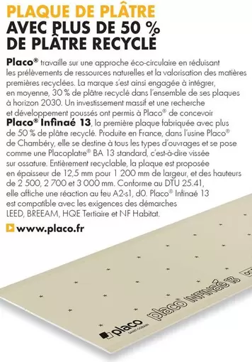 Plaque De Plátre Avec Plus De 50 % De Platre Recyclé offre sur Gedimat