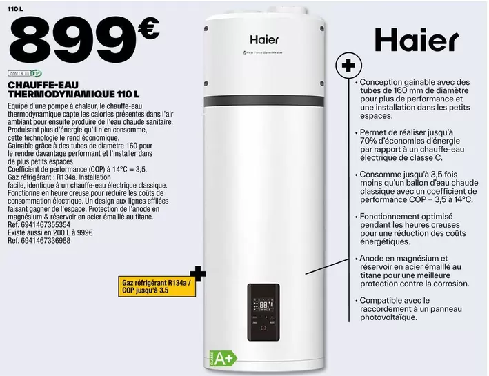 Haier - Chauffe-Eau Thermodynamique 110 L offre à 899€ sur Brico Dépôt