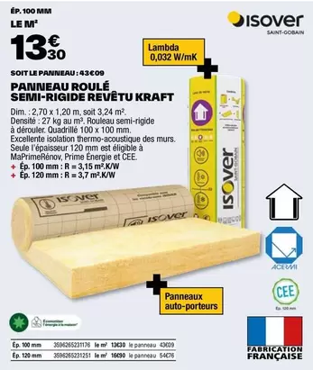 Isover - Panneau Roulé Semi-Rigide Revêtu Kraft offre à 13,3€ sur Brico Dépôt