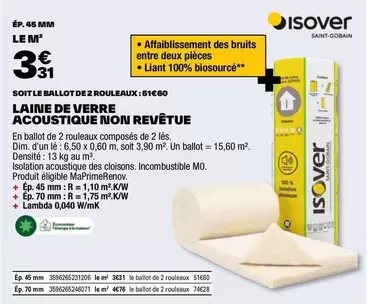 Isover - Laine De Verre Acoustique Non Revetue offre à 3,31€ sur Brico Dépôt