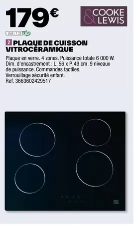 Cooke & Lewis - Plaque De Cuisson Vitrocéramique offre à 179€ sur Brico Dépôt